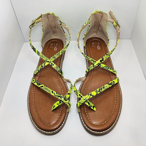 Mix No. 6 Highlighter Yellow Snakeskin Strappy Flat Sandals - US Women's… - Picture 2 of 5